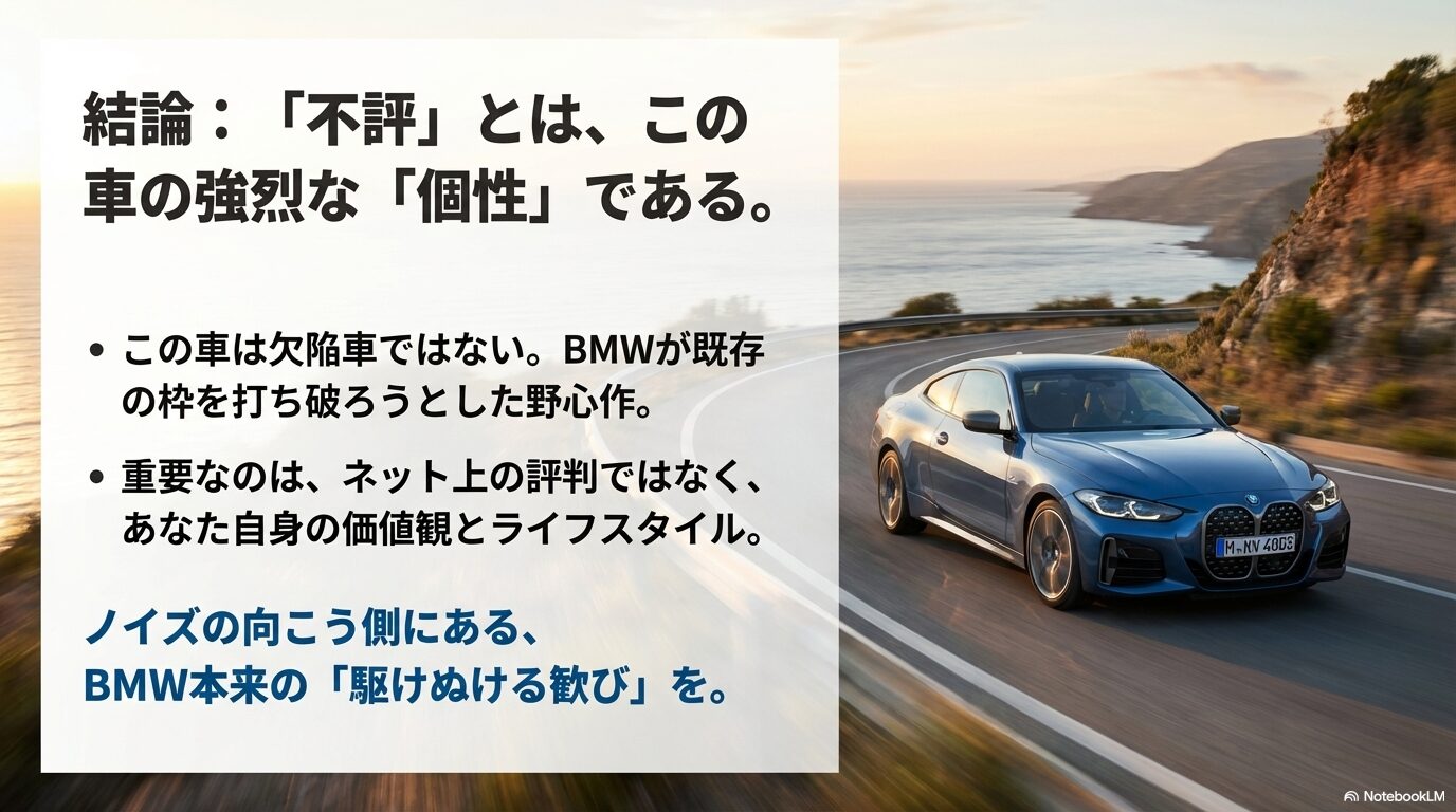 不評を個性と捉え、野心作である4シリーズでBMW本来の走りの楽しさを体験することを勧めるまとめスライド。