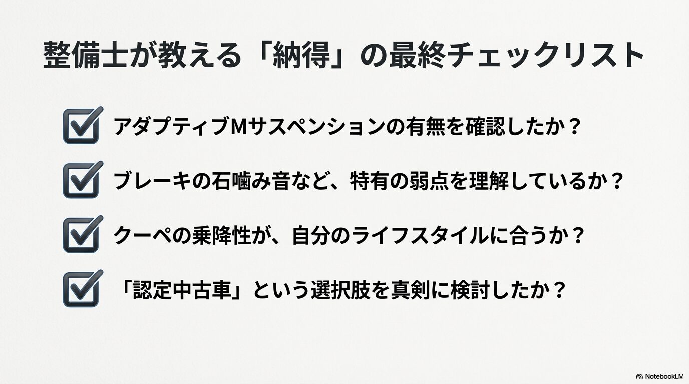 アダプティブMサスの有無や認定中古車の検討など、4シリーズ購入で後悔しないための最終チェック項目。