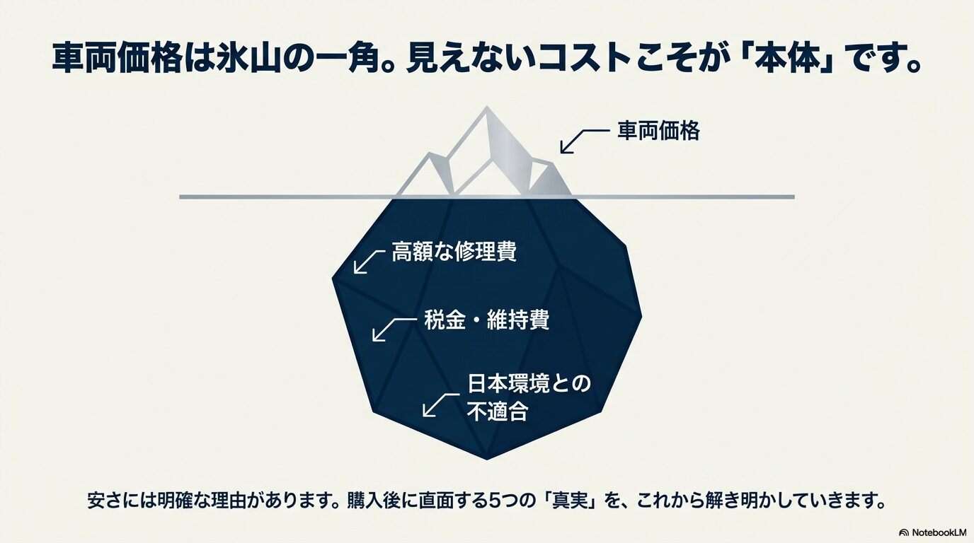 車両価格は氷山の一角であり、水面下に高額な修理費、税金、日本環境との不適合という隠れたコストがあることを示す図