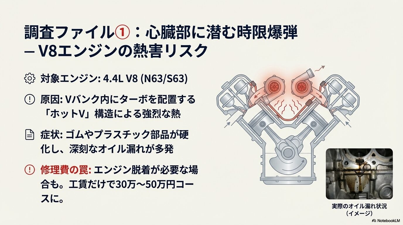 BMWのV8エンジンにおけるホットV構造と熱害によるオイル漏れ、修理費用(30万〜50万円)を説明する図解