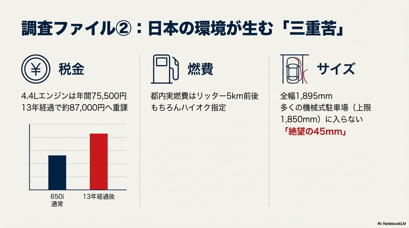 BMW 650iの自動車税重課(約87,000円)、実燃費リッター5km、車体サイズによる駐車制限をまとめたグラフ
