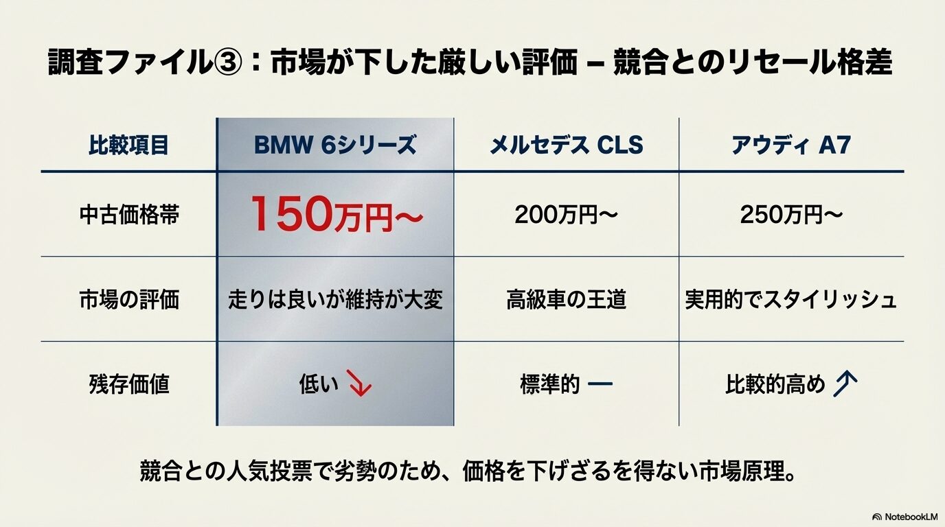 BMW 6シリーズと競合車(メルセデスCLS、アウディA7)の中古価格帯、市場評価、残存価値を比較した表