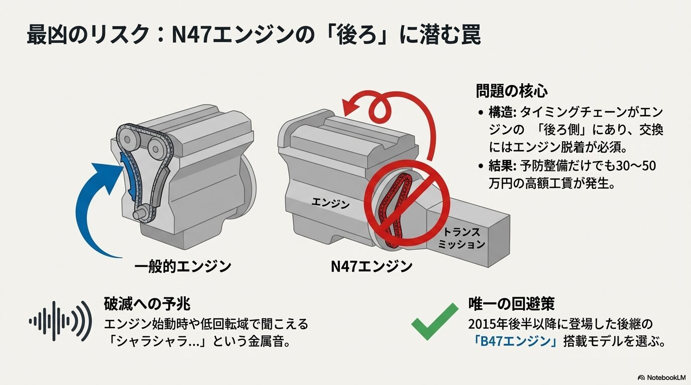 タイミングチェーンがエンジン後方に配置されているN47エンジンと、一般的エンジンの構造比較図
