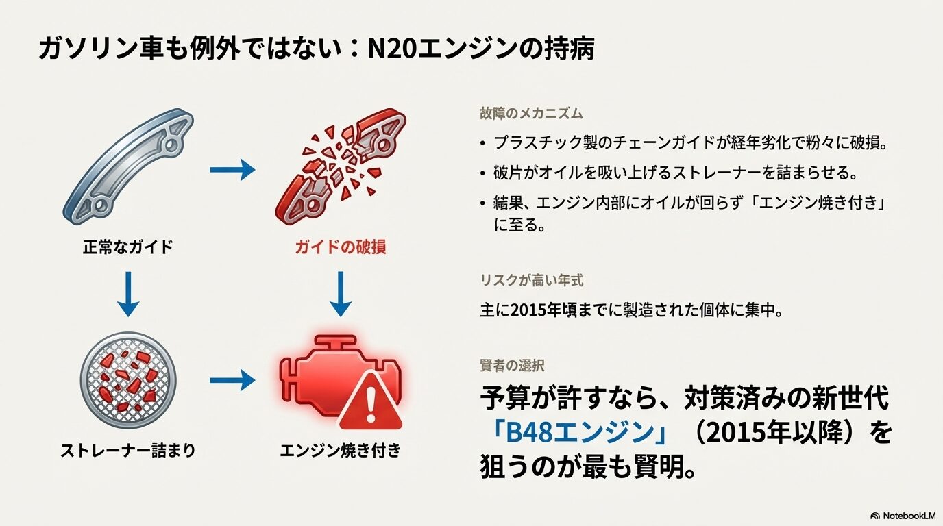 プラスチック製チェーンガイドが破損し、オイルストレーナーが詰まることでエンジン焼き付きに至るメカニズム