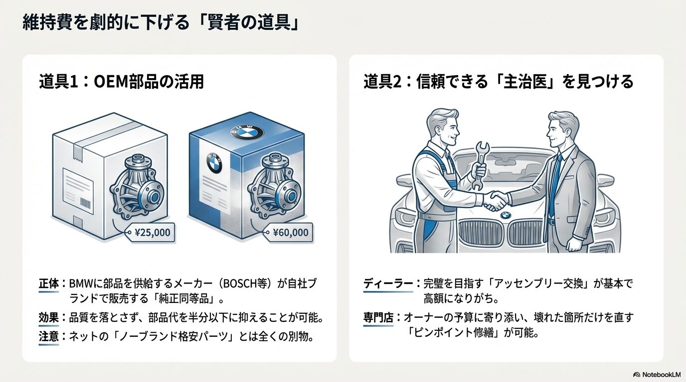 純正部品とOEM部品の価格比較イメージと、ディーラーと専門店の整備方針の違い