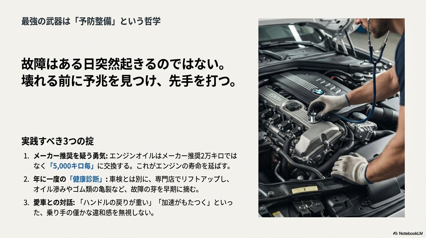 エンジンオイル5000km交換、年一回の健康診断、異音や違和感を無視しない愛車との対話
