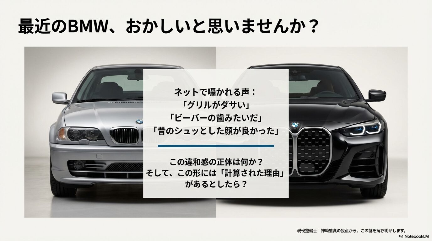 BMWの新型4シリーズの巨大なキドニーグリルのアップ画像と、現役整備士がデザインの謎を解明するという導入スライド。