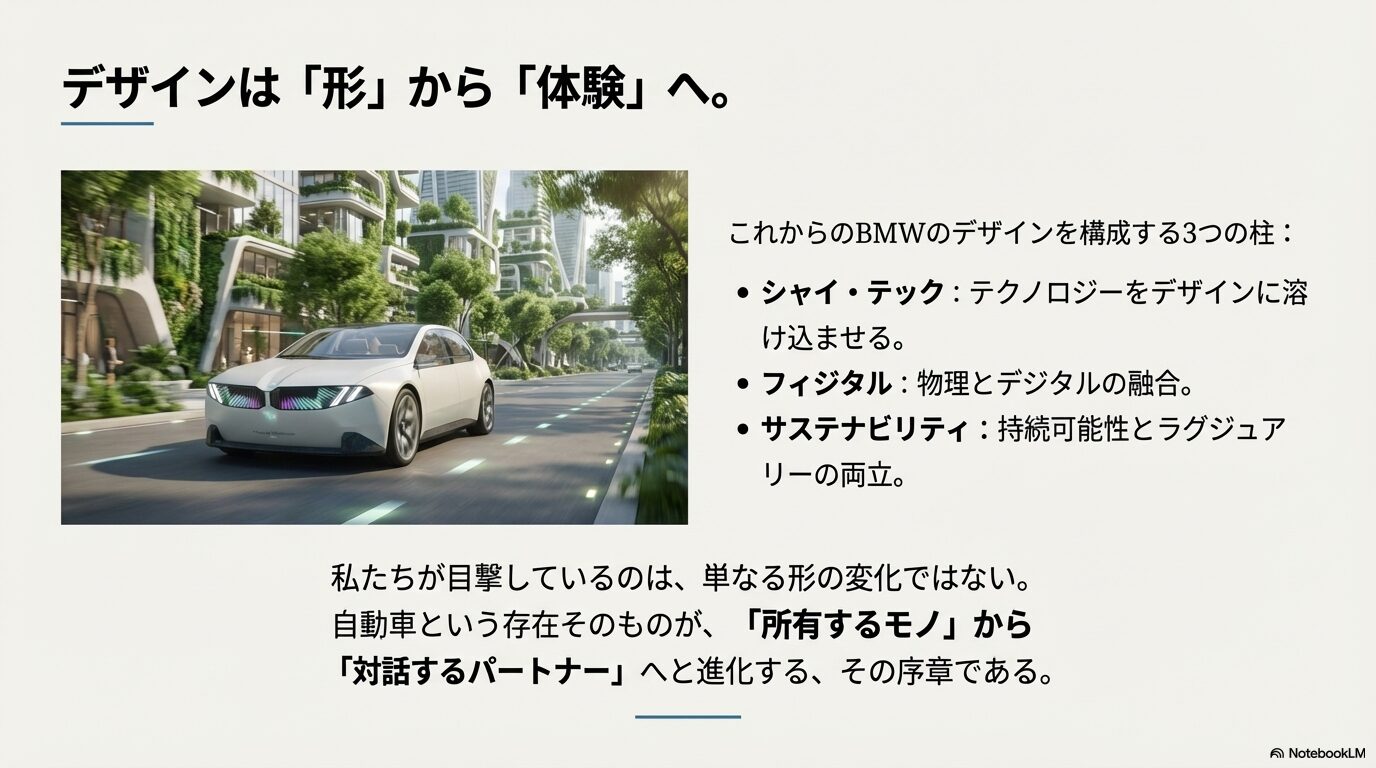 未来の街を走るBMWのコンセプトカーと、デザインを構成する3つの柱(シャイ・テック、フィジタル、サステナビリティ)をまとめた最終スライド。
