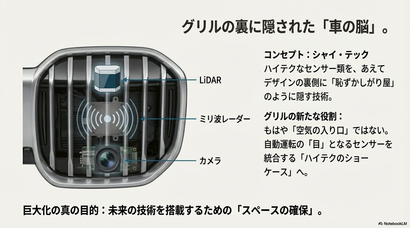 中国市場と日本市場でのBMWデザイン要素(巨大グリル、発光グリル)の捉え方の違いを比較した表形式のスライド。