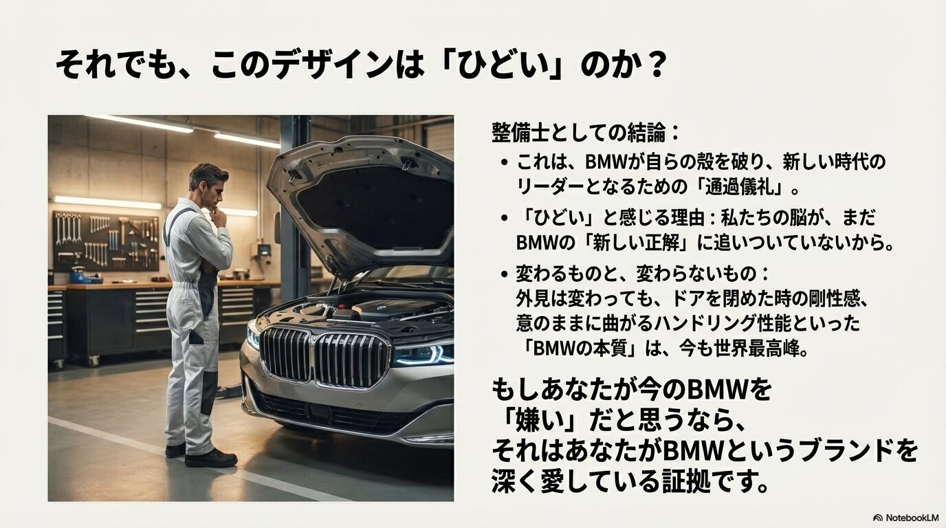 整備士がボンネットを開けたBMWを見つめる画像と、デザインの変化はBMWの新しい正解であり通過儀礼であるという結論を記したスライド。