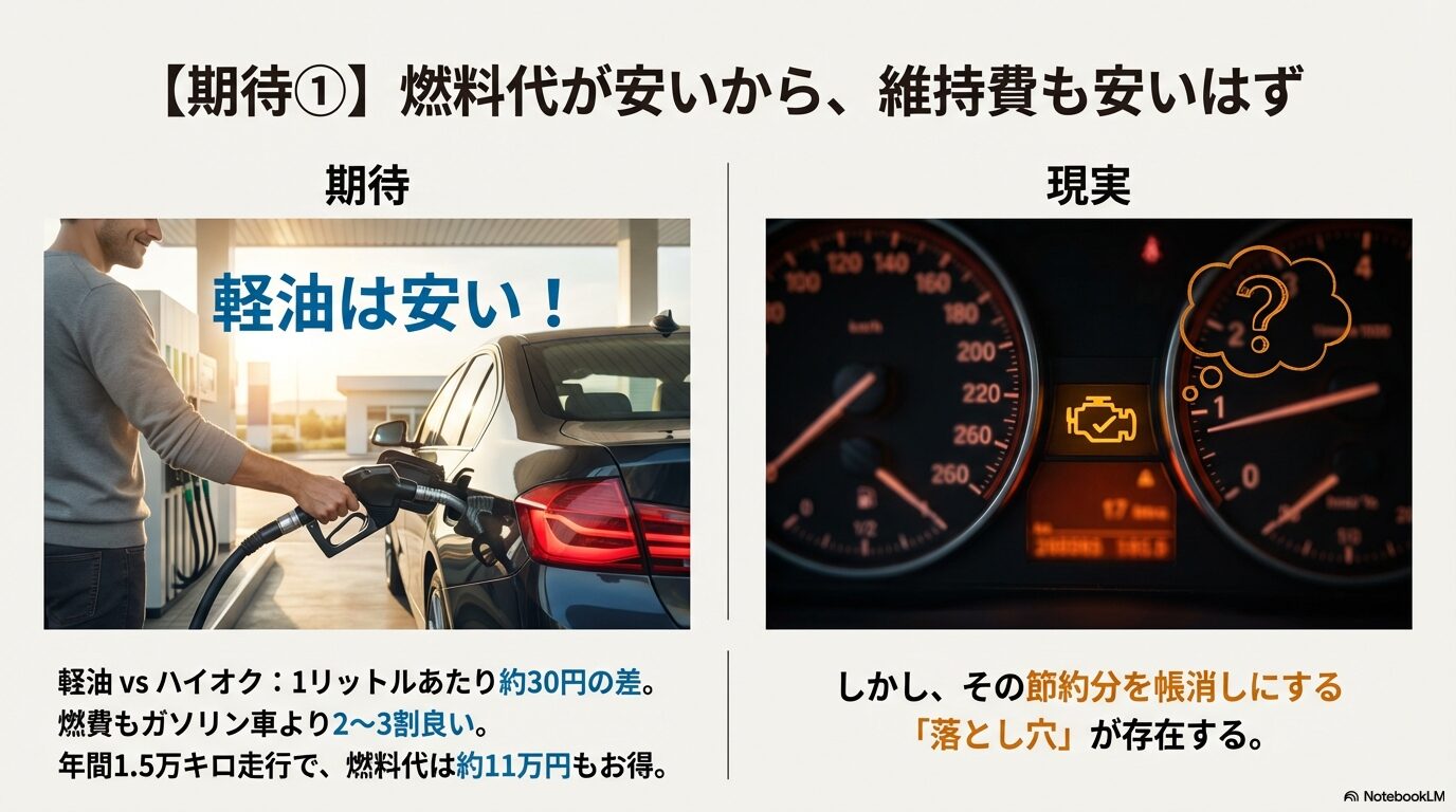 軽油とハイオクの燃料代比較と、節約分を帳消しにするメンテナンスの落とし穴を説明するスライド