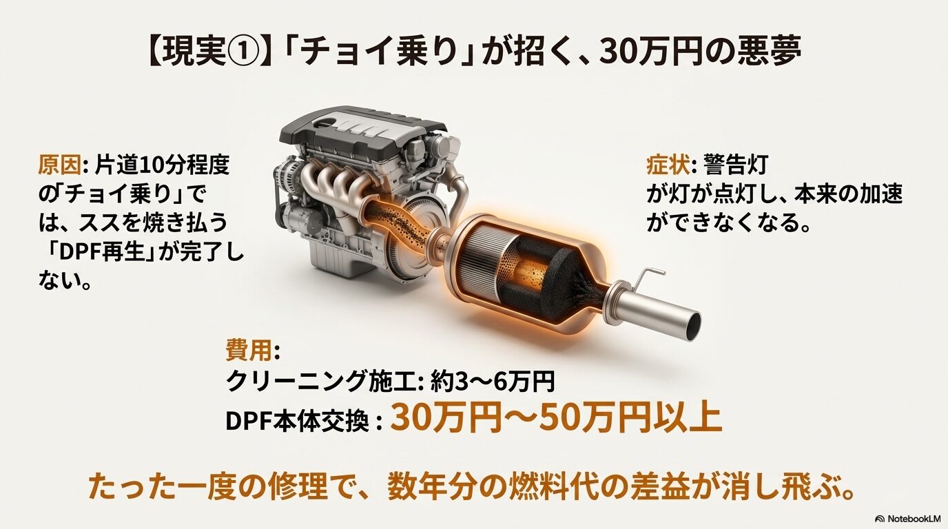 チョイ乗りによるDPF再生未完了が招く警告灯点灯と、最大50万円以上に及ぶ修理費用の解説図
