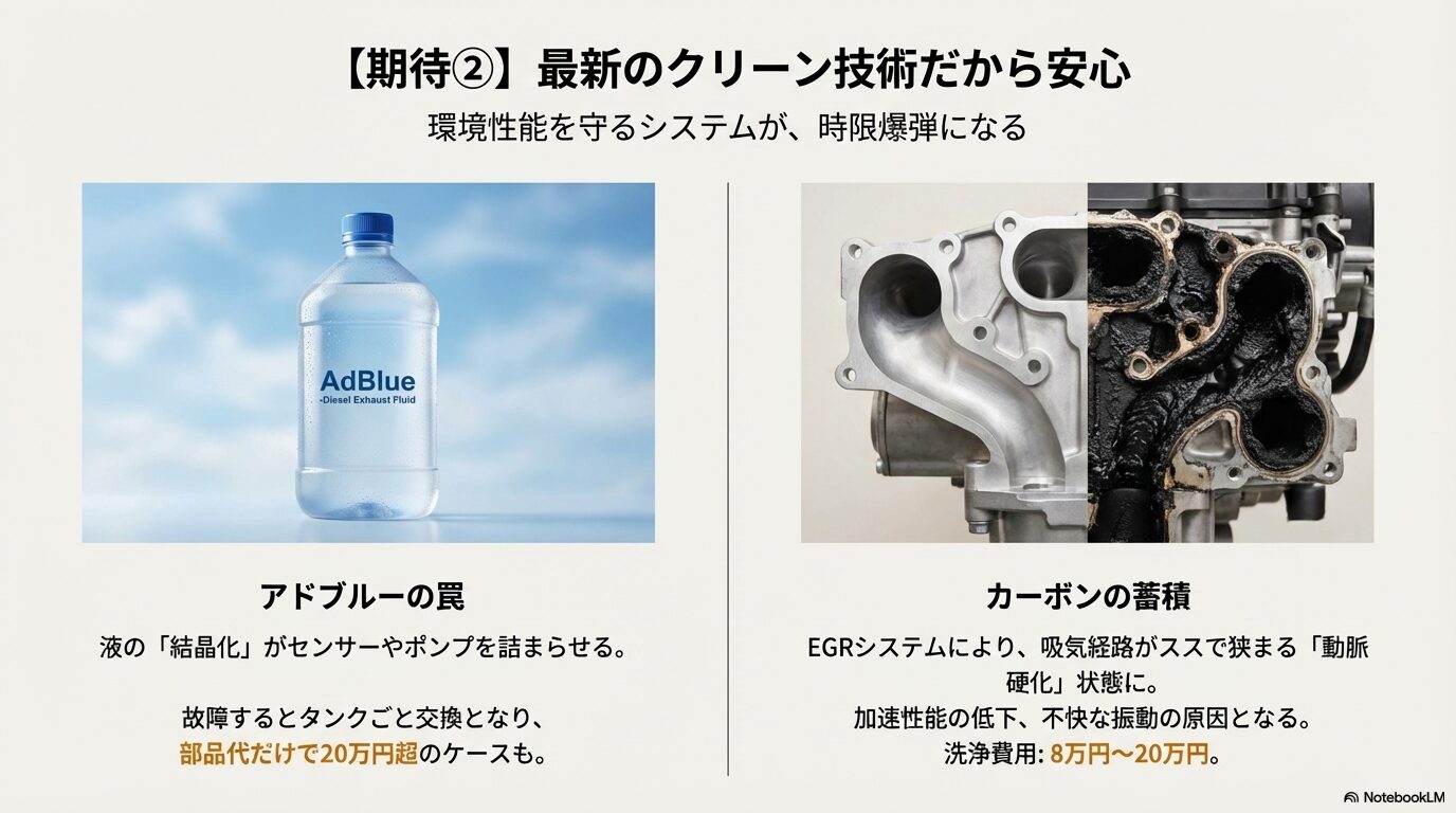 AdBlue液の結晶化によるタンク故障と、EGRシステムのカーボン蓄積(動脈硬化状態)を説明する比較画像