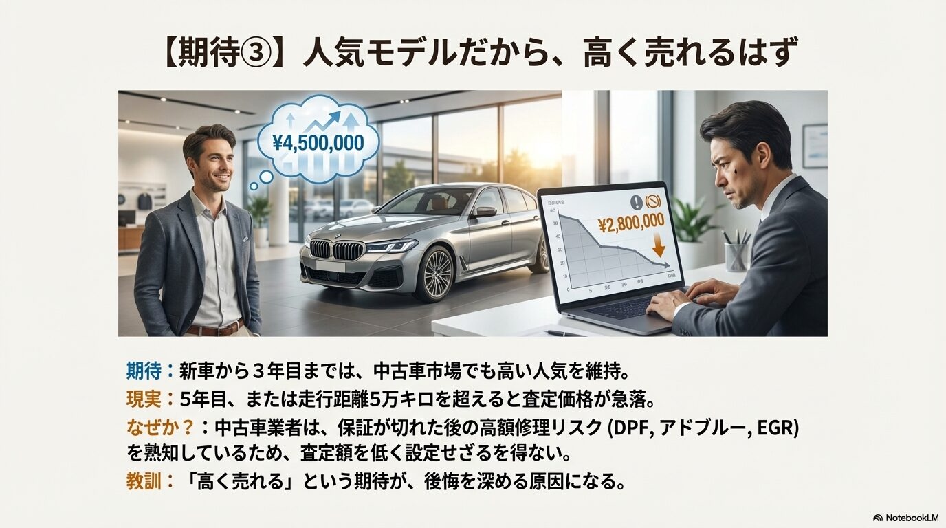 5年または5万キロを超えると、高額修理リスクにより査定価格が急落する現実を示すグラフスライド