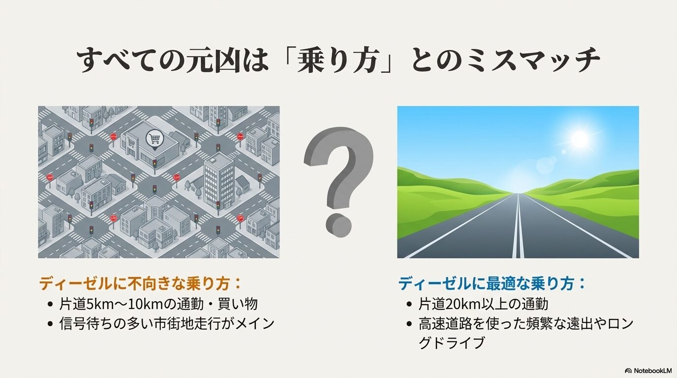 市街地走行メインの不向きな乗り方と、高速道路等のロングドライブに適した乗り方の違いを解説するイラスト