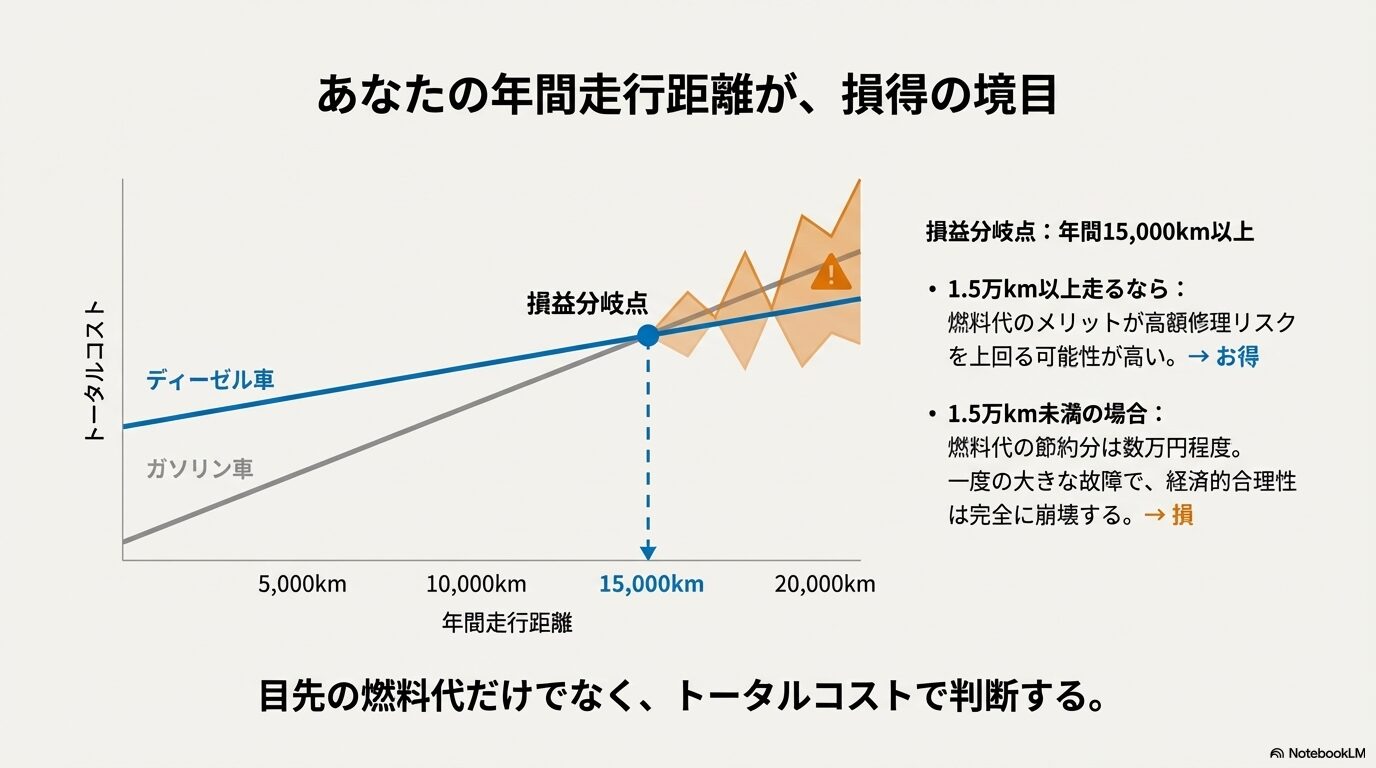 ガソリン車とディーゼル車のトータルコスト比較グラフ。年間1.5万kmが損得の境目であることを示す図解
