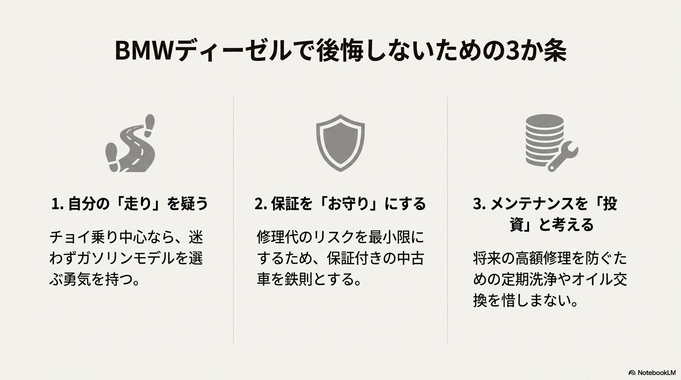 乗り方の確認、保証の活用、メンテナンスへの投資という、後悔を避けるための3つのポイント