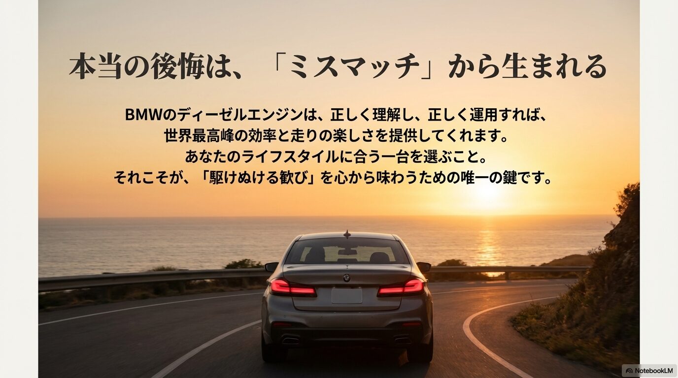 本当の後悔はミスマッチから生まれる。ライフスタイルに合う一台を選ぶことの重要性を説く最終スライド