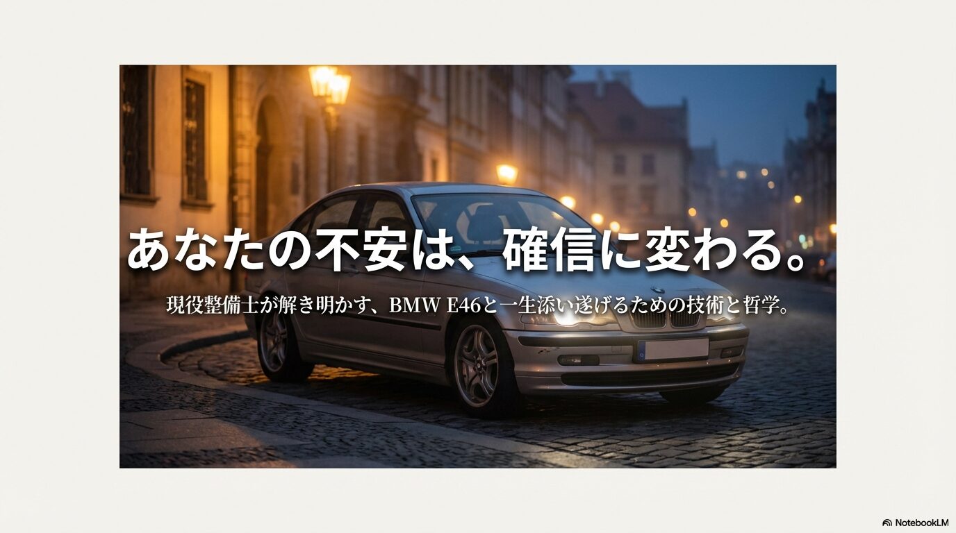 BMW E46を維持し続けるための現役整備士による解説スライドの表紙画像。