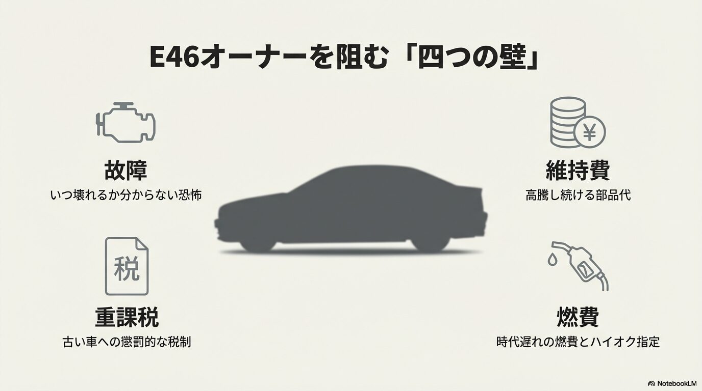 E46維持の障壁となる故障リスク、部品代、重課税、燃費の4項目をまとめた図解スライド。