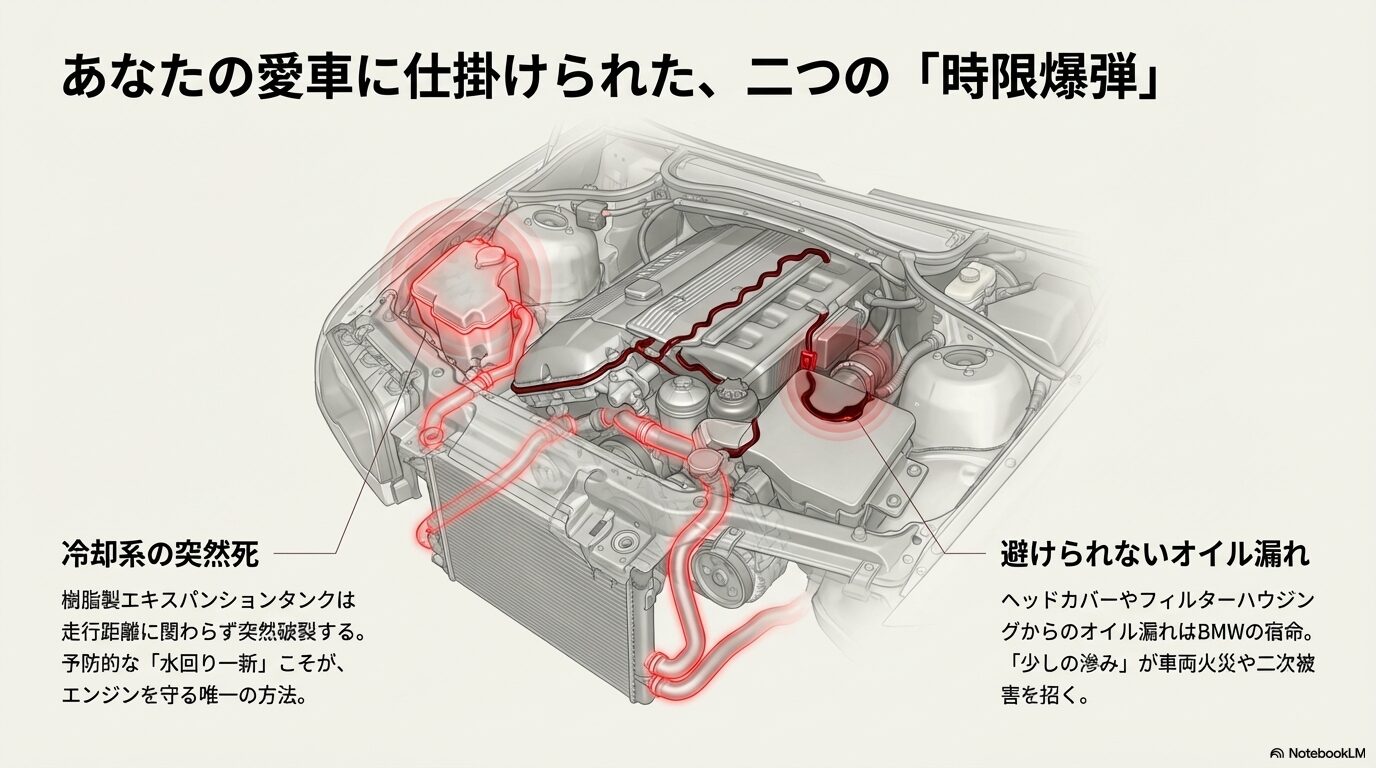 ロアアームブッシュ交換、ヘッドライトレンズ交換、内装垂れ修理の重要性を解説したイメージイラスト。