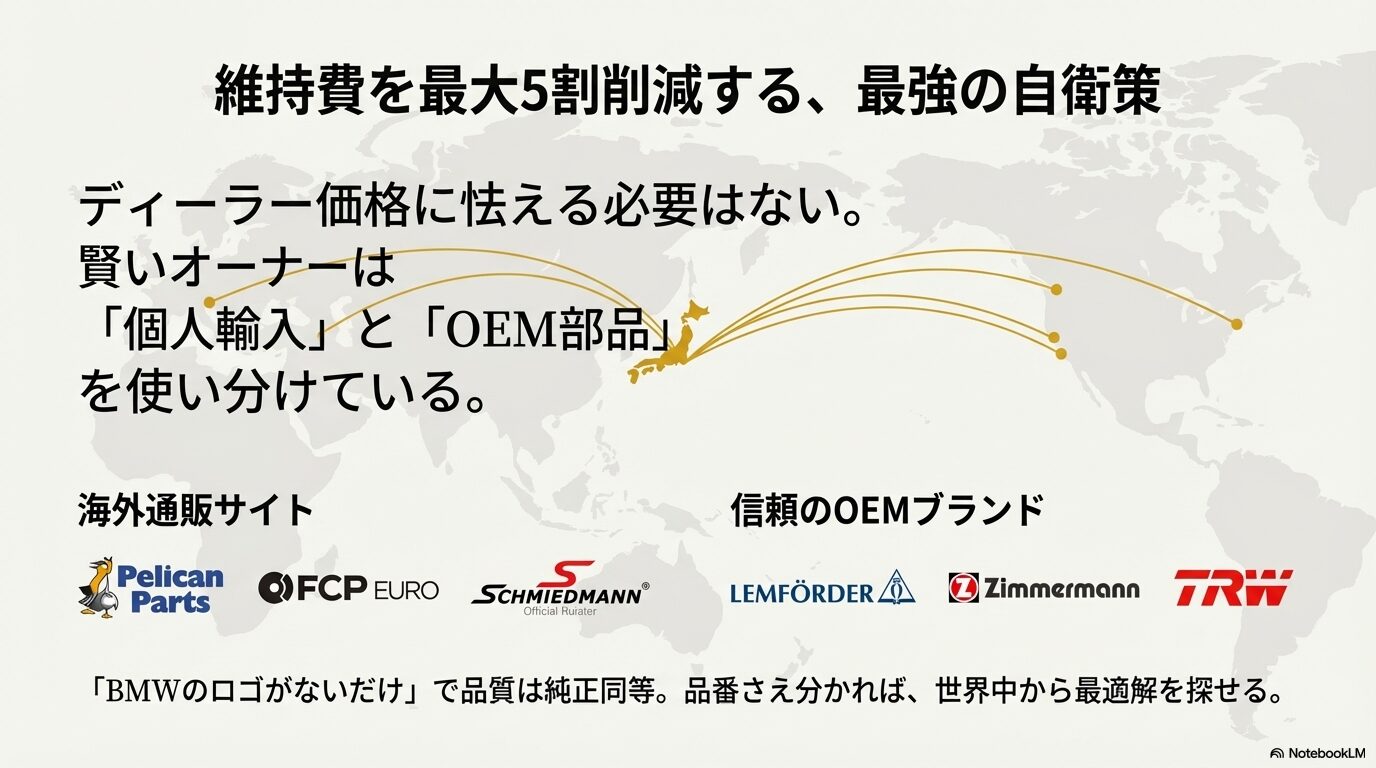 海外通販サイト(Pelican Parts, FCP EURO等)と信頼のOEMブランドを活用した部品代削減戦略。