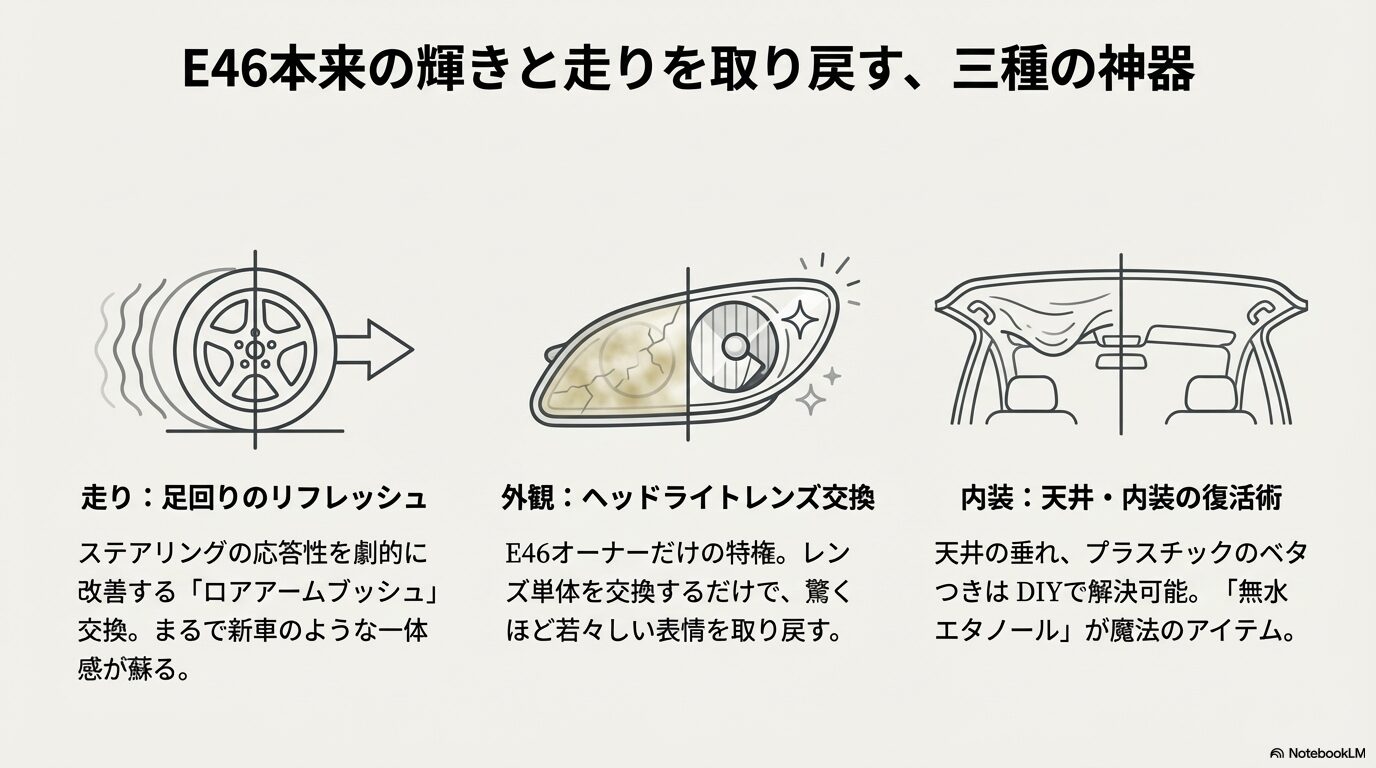 樹脂製エキスパンションタンクの破裂リスクと、宿命的なオイル漏れ箇所を解説したスライド。