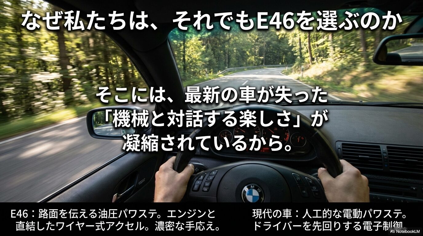 E46の油圧パワステやワイヤー式アクセルがもたらす濃密な手応えと、現代の電子制御車の違いをまとめた比較図。
