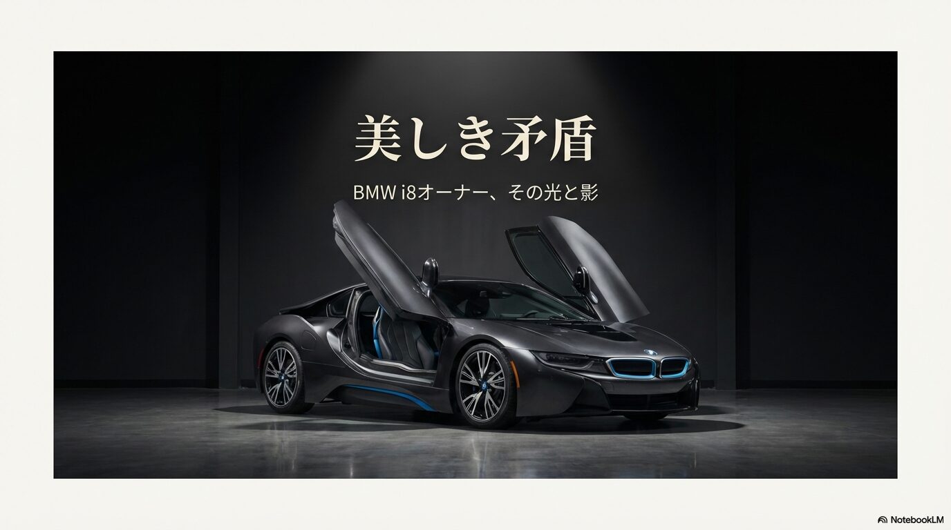 BMW i8のオーナーシップにおける魅力と現実を解説するスライドの表紙。タイトルは「美しき矛盾 BMW i8オーナー、その光と影」。