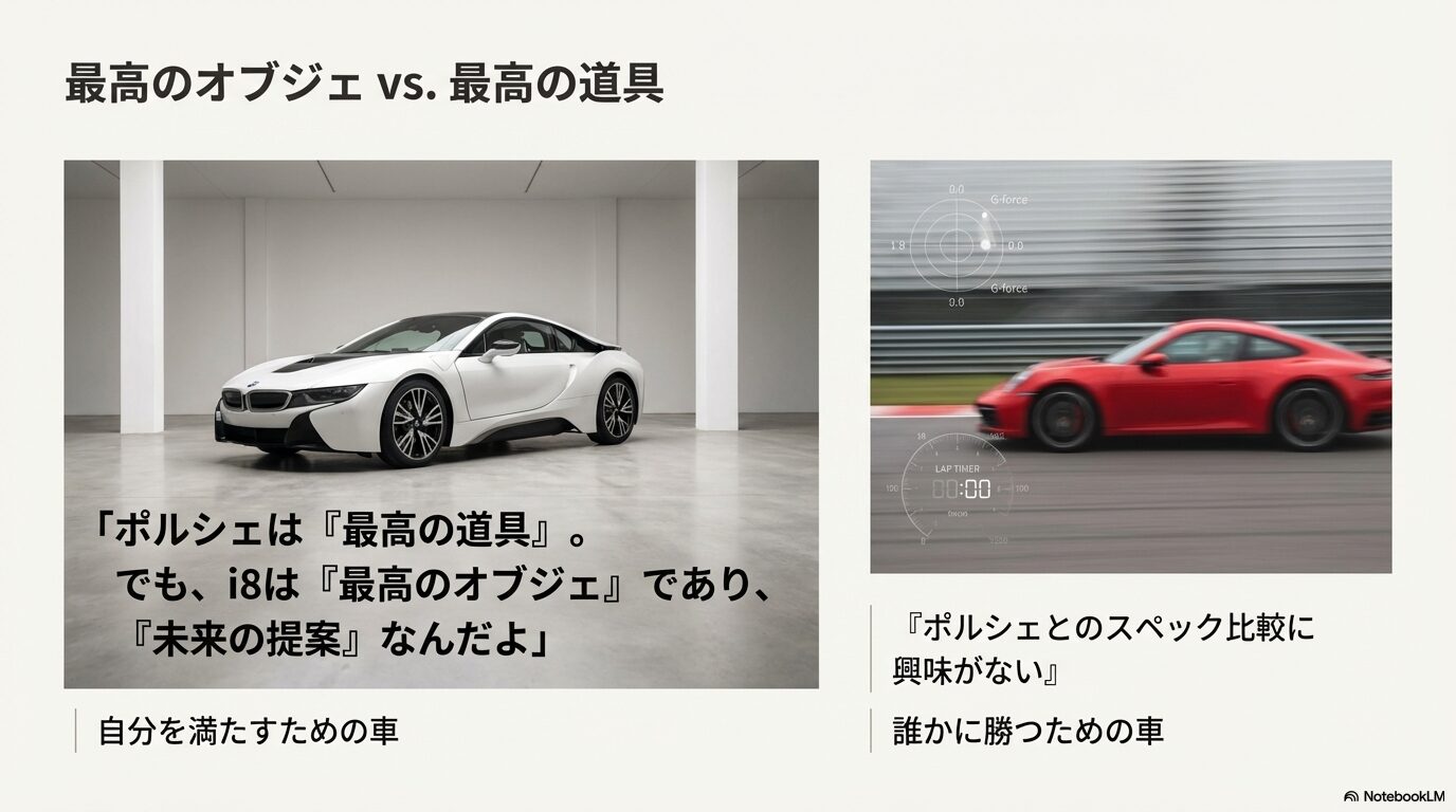 ポルシェを「最高の道具」、i8を「最高のオブジェ」と定義し、スペック比較に興味がないi8オーナーの審美眼を解説するスライド。