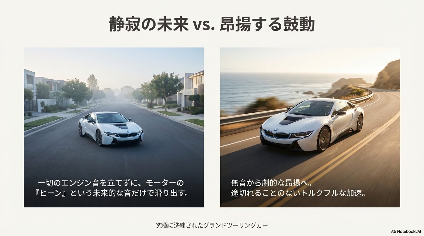 モーターの静かな滑り出しから劇的な加速への変化を解説するスライド。「究極に洗練されたグランドツーリングカー」としての走行性能を表現。