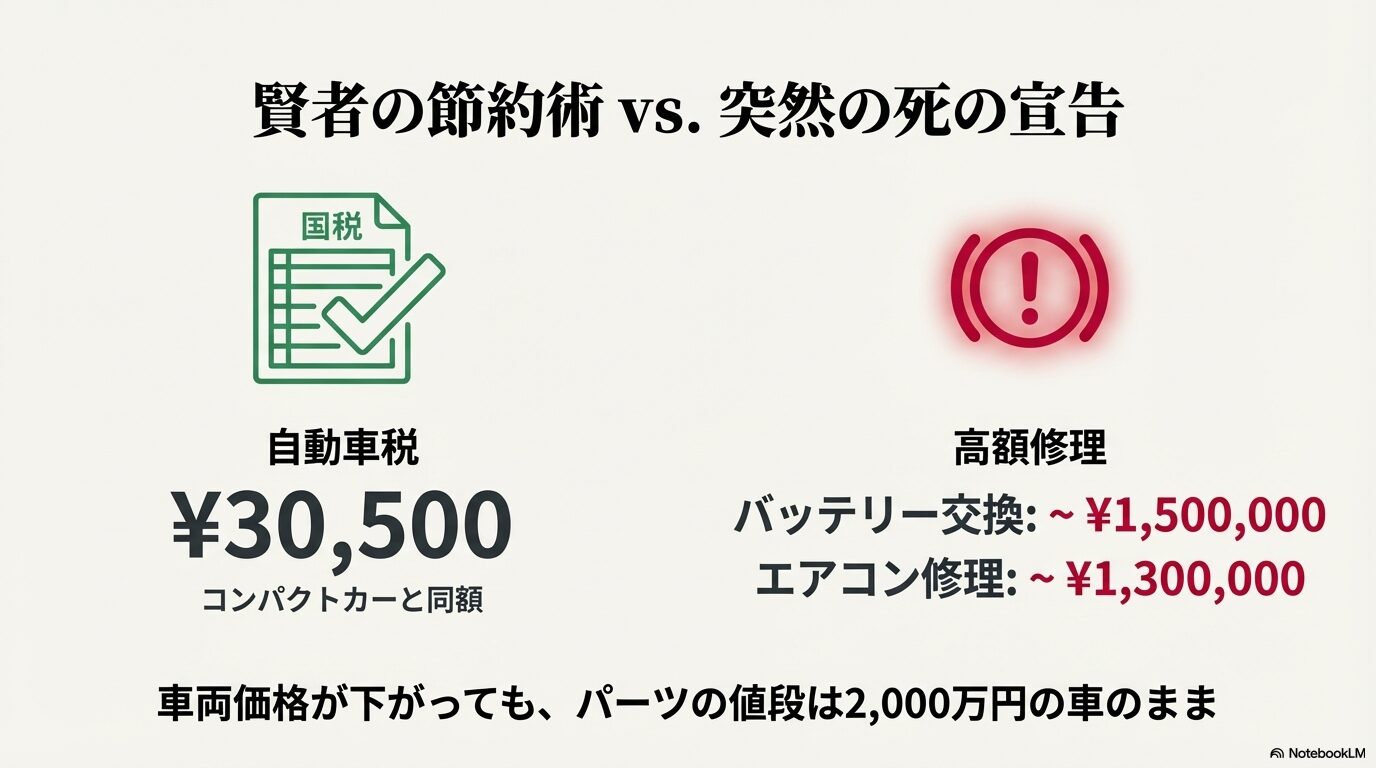 自動車税がコンパクトカー並みの30,500円であるメリットと、100万円を超えるバッテリー交換・エアコン修理費用のリスクを対比させたスライド。