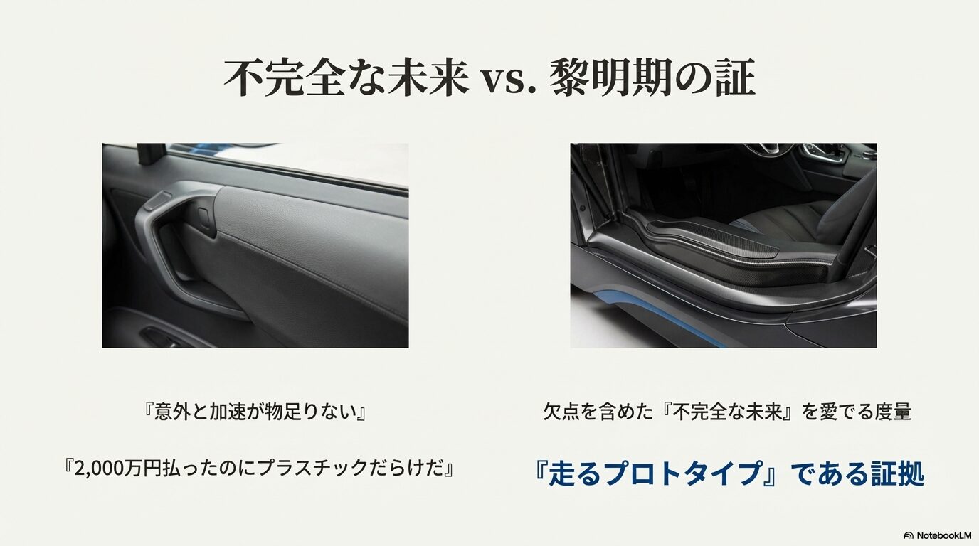 内装のプラスチック感や加速の物足りなさを「走るプロトタイプ」としての味と捉え、欠点を含めて愛するオーナーの心理を解説するスライド。