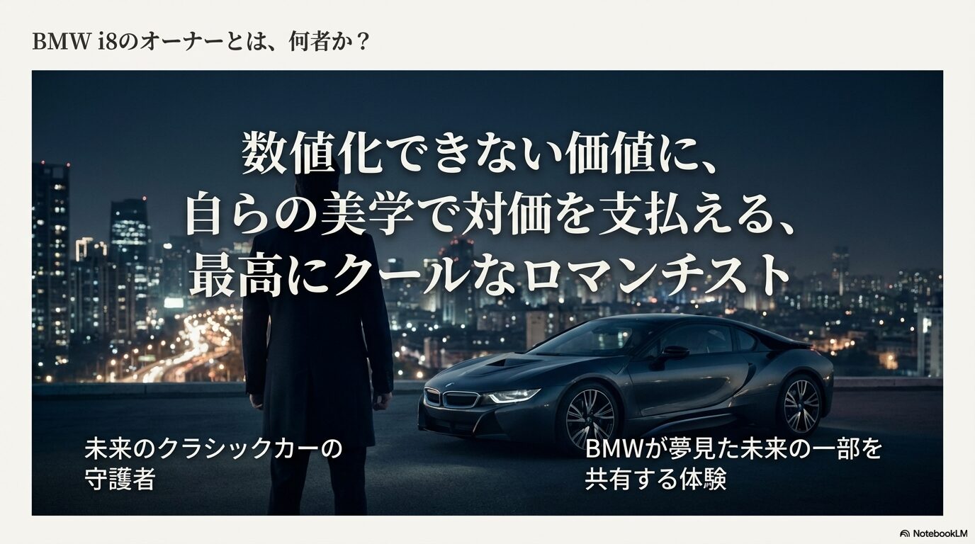 i8オーナーを「数値化できない価値に自らの美学で対価を支払えるクールなロマンチスト」と定義し、未来のクラシックカーの守護者であると称える結論スライド。