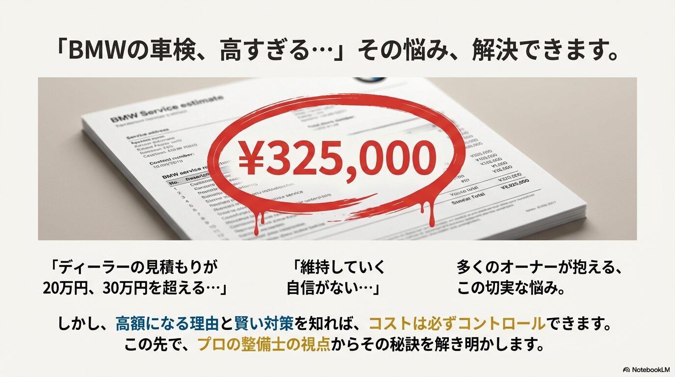 30万円を超えるBMWの車検見積書と、高額な維持費に悩むオーナーへの解決策の提示