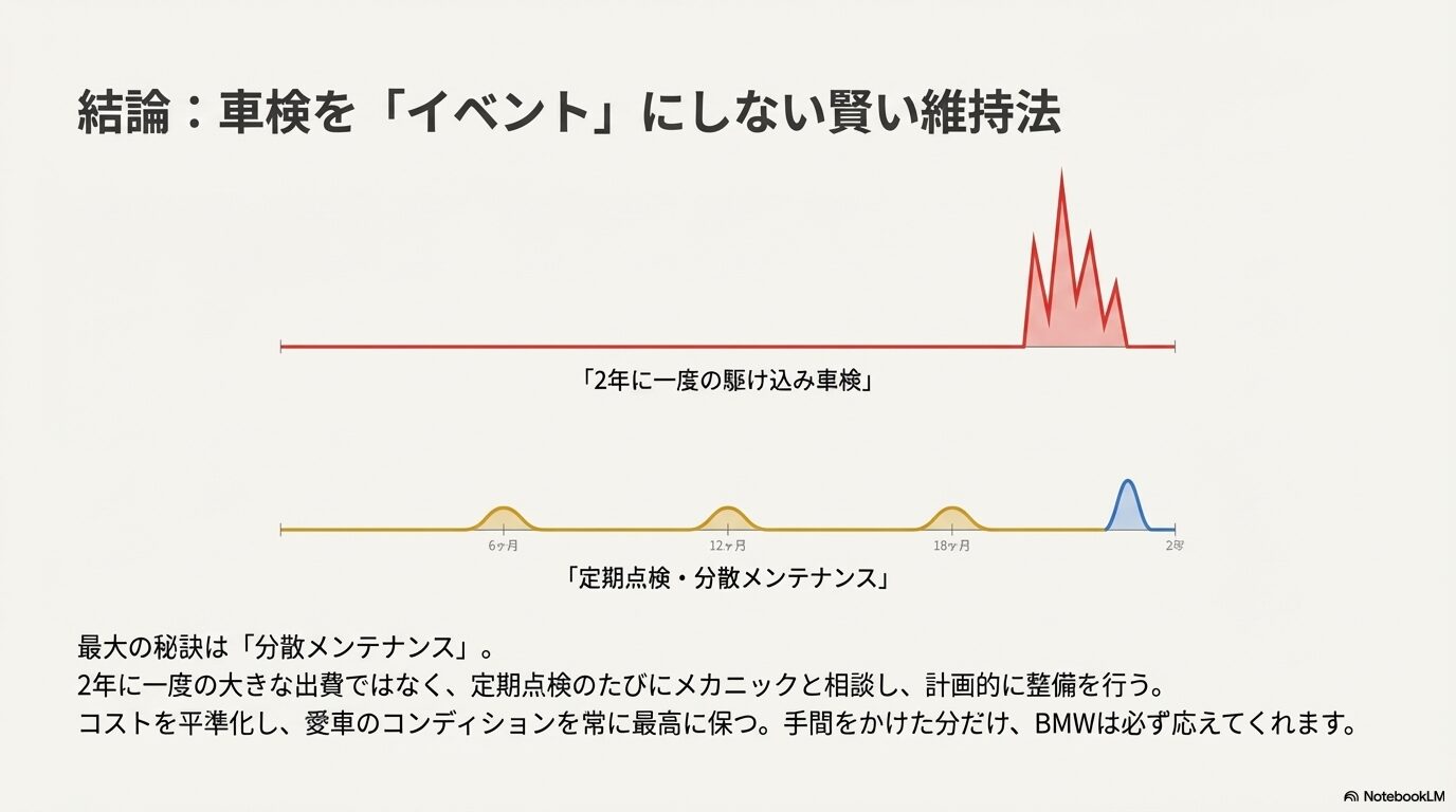 2年に一度の大きな出費(駆け込み車検)と、定期点検ごとの分散メンテナンスによるコスト平準化の比較グラフ
