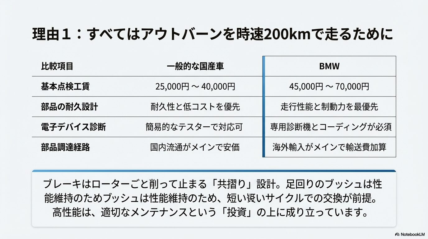国産車とBMWの点検工賃、部品設計、診断機、調達経路の比較表とアウトバーン走行を前提とした設計思想