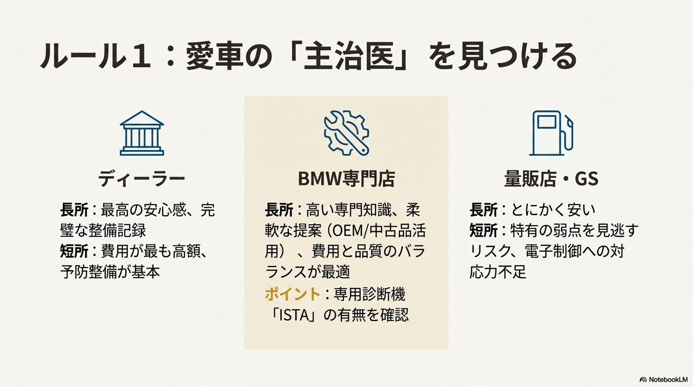 ディーラー、BMW専門店、量販店・ガソリンスタンドの長所・短所と比較ポイント