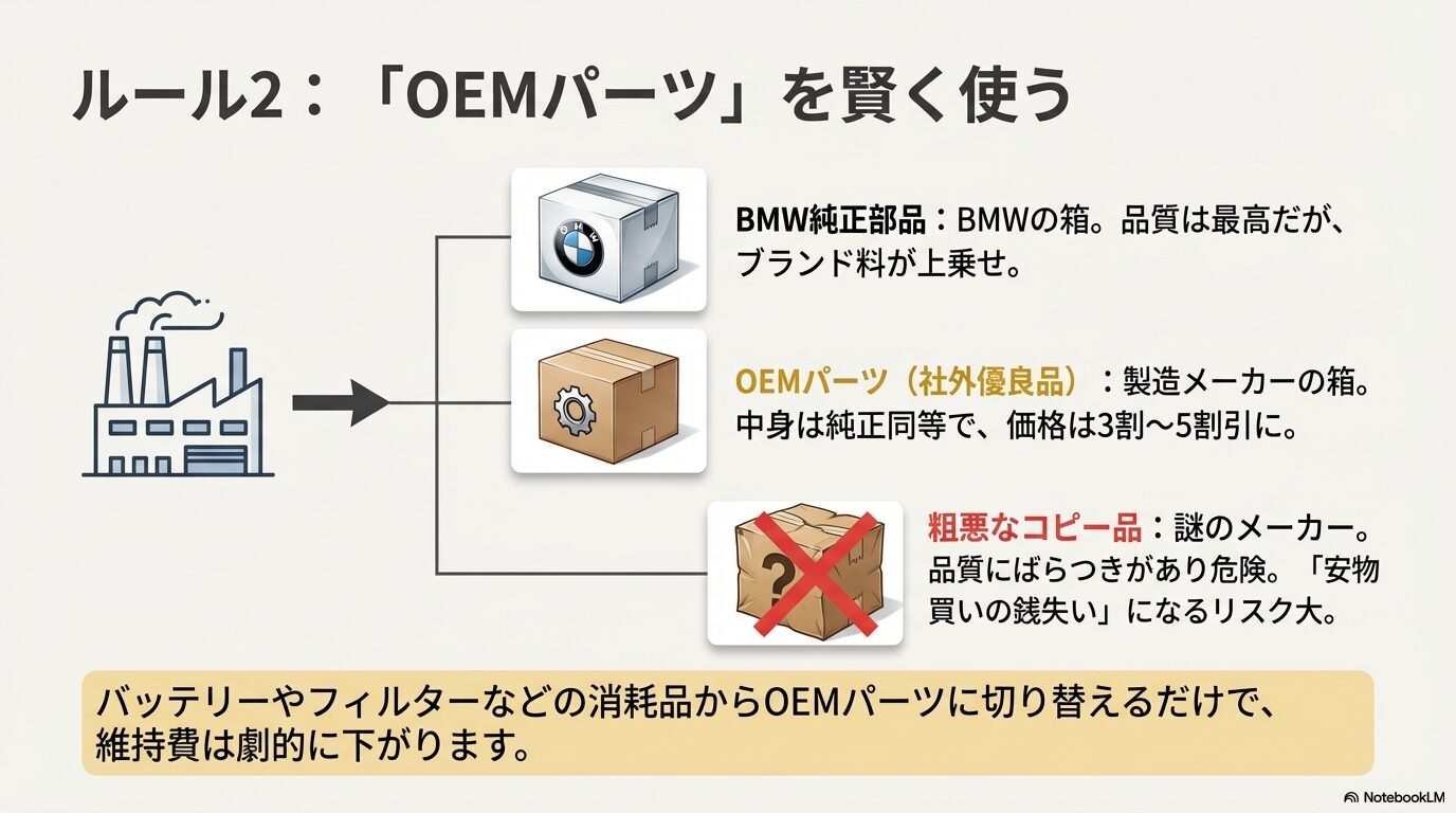 BMW純正部品とOEMパーツ、粗悪なコピー品の違いと、3〜5割安くなるコスト削減効果の図解