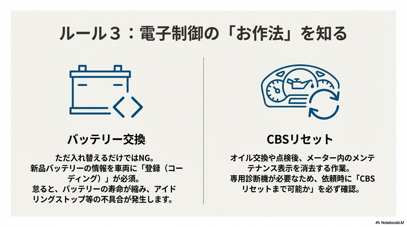 新品バッテリーの車両登録(コーディング)とメーター内のメンテナンス表示を消去するCBSリセットの解説