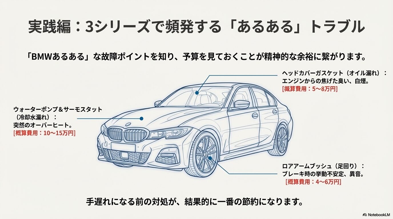 ヘッドカバーガスケット、ウォーターポンプ、ロアアームブッシュの故障症状と概算費用のまとめ