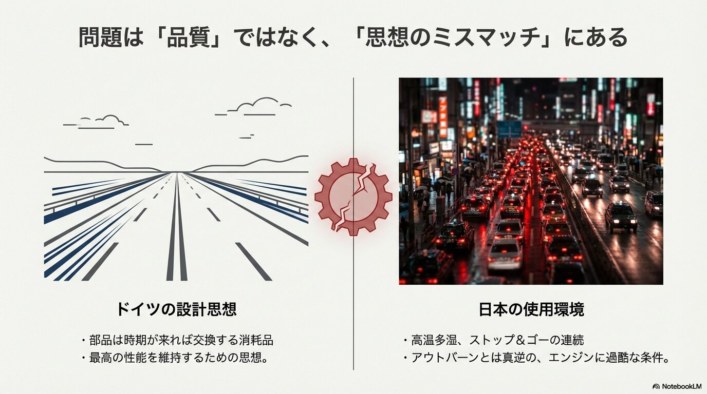 ドイツの「部品は消耗品」という設計思想と、日本の高温多湿・渋滞という過酷な使用環境の比較図
