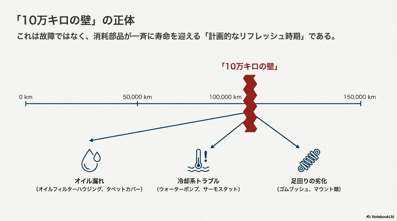 走行距離10万キロ付近で一斉に寿命を迎えるオイル漏れ・冷却系・足回りの消耗部品を示した図