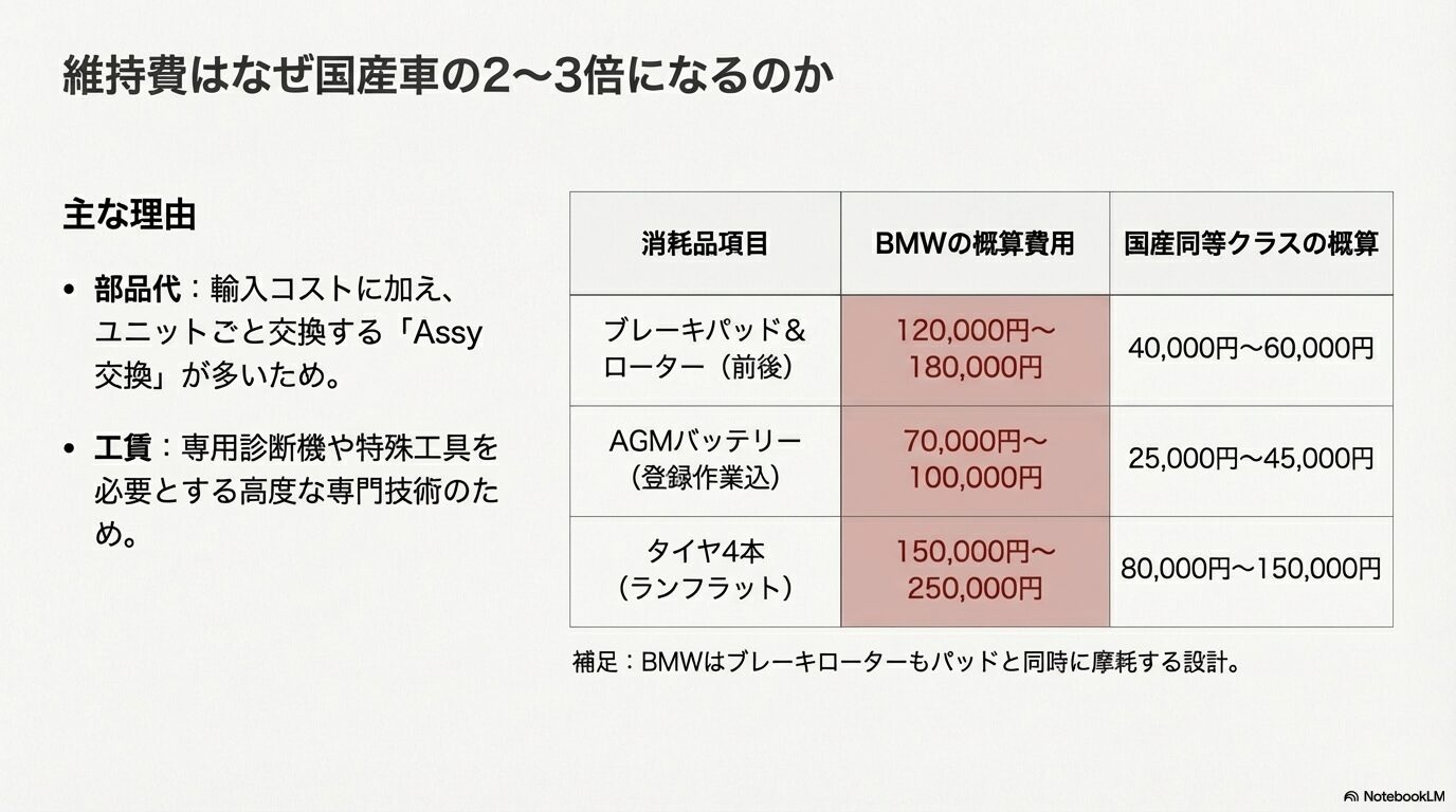 ブレーキパッド、バッテリー、タイヤなどBMWと国産車の概算費用の比較表スライド