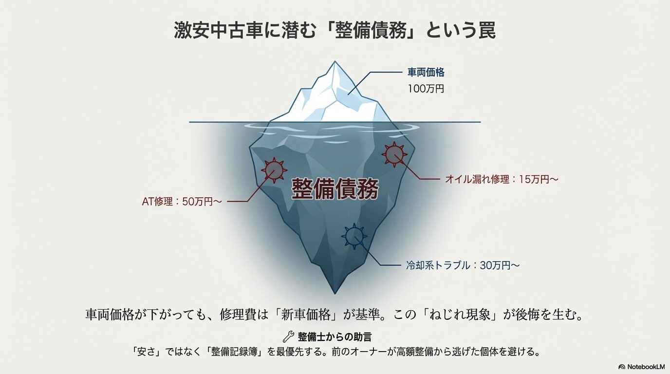 安い車両価格の下に隠れた高額なAT修理や冷却系トラブルの修理費を氷山に例えた図