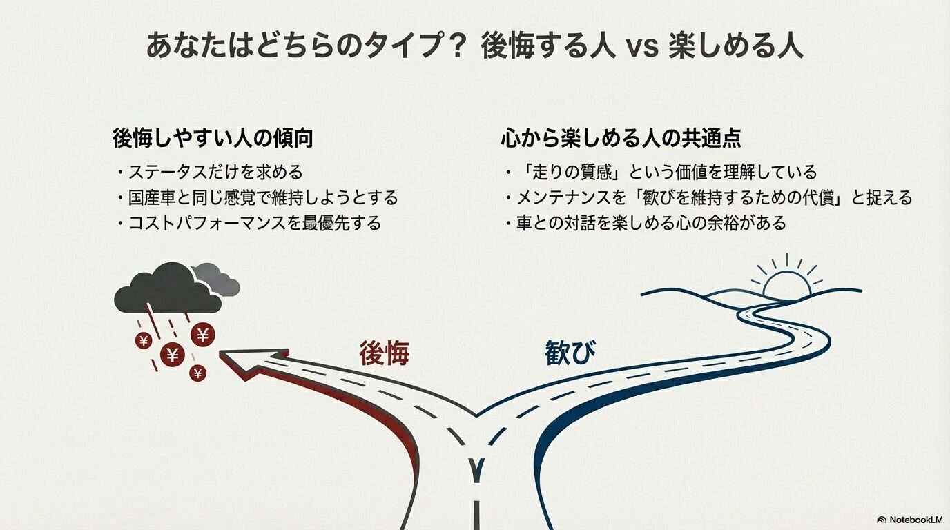 ステータス重視で後悔するタイプと、走りの質感を理解して楽しめるタイプの違いをまとめた図