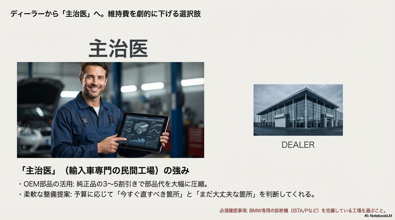 ディーラーと民間工場の違い、OEM部品活用による費用圧縮のメリットをまとめた図