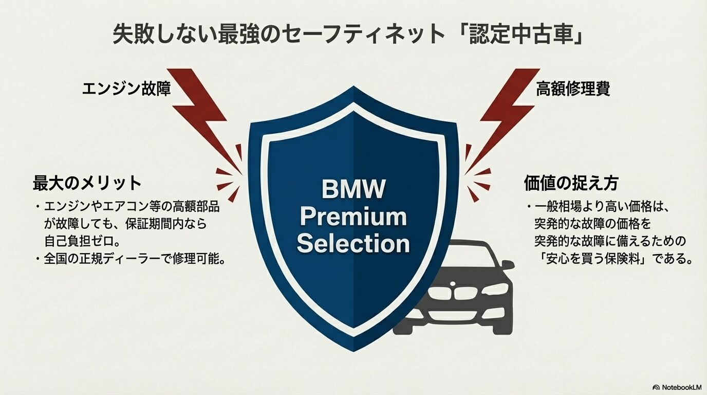 故障時の自己負担ゼロや全国ディーラー対応など、認定中古車のセーフティネットとしての利点を解説した図