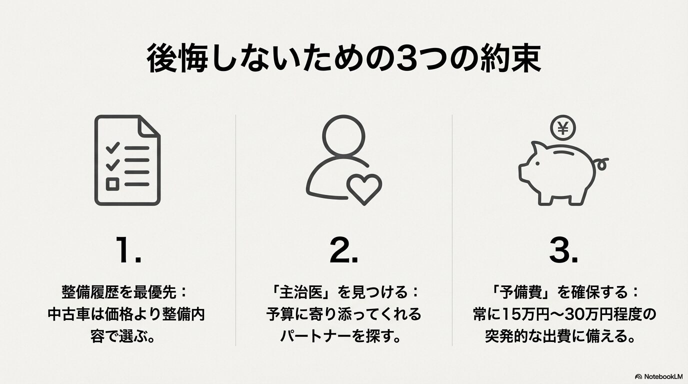 整備履歴の優先、主治医の確保、予備費の準備という後悔しないための重要ポイントをまとめた図