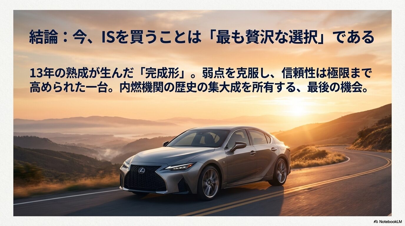 13年の熟成が生んだ完成形として、内燃機関の歴史の集大成を所有する最後の機会であると結論づけるスライド。